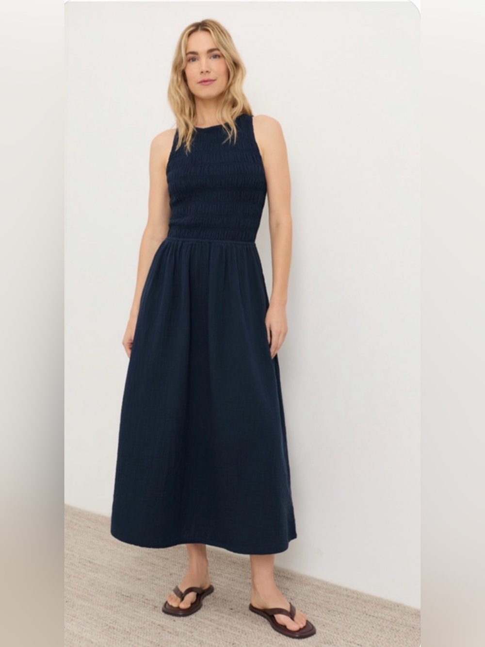 Pact Navy Smocked Maxi Dress